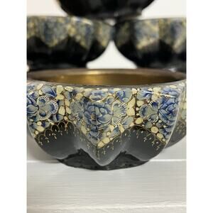 Vintage Lacquer Painted Bowl Condiment Set 7pc Papier-Mâché ? Brass Inlay READ